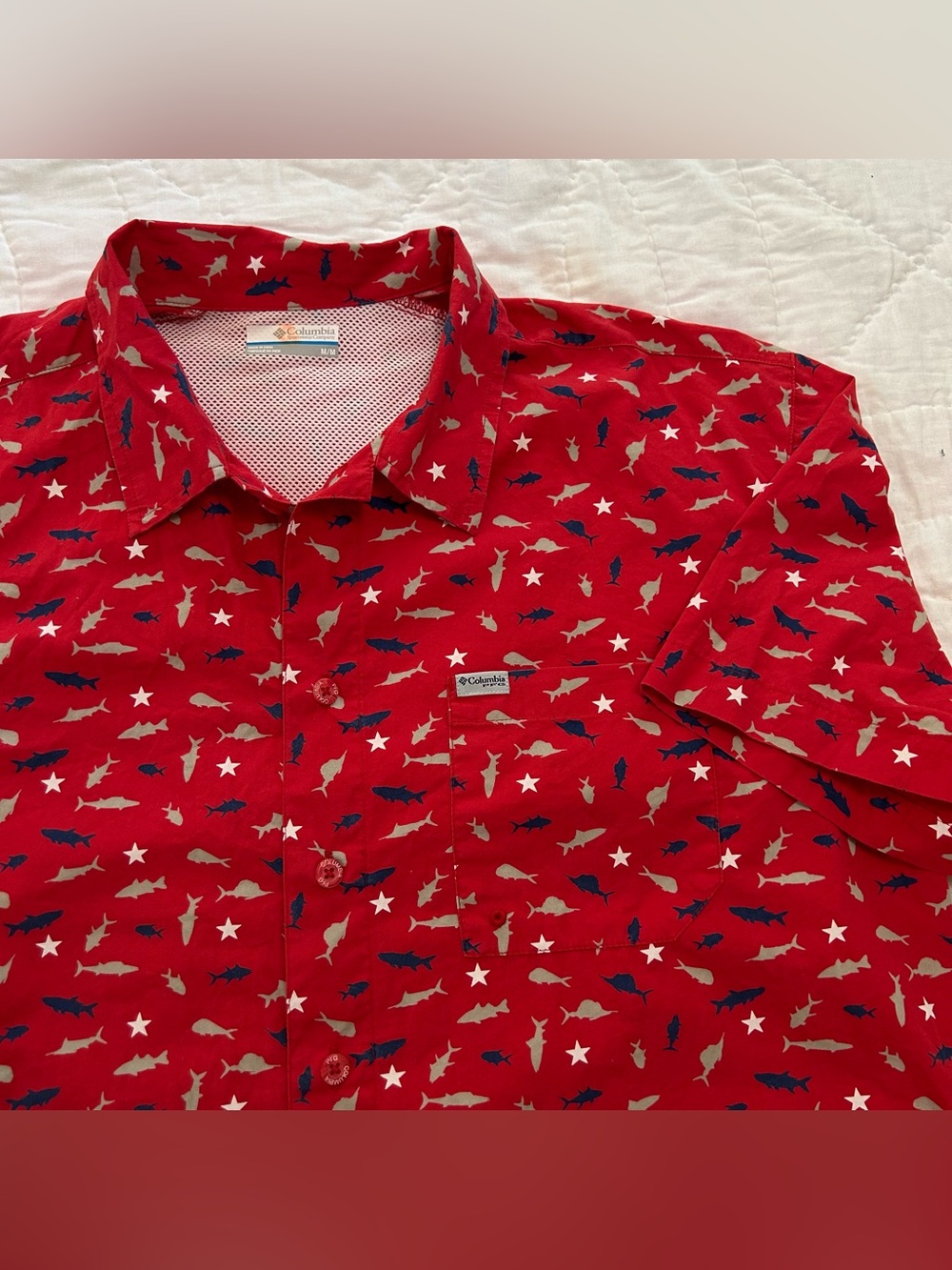 Columbia PFG Trollers Best Shirt Vented Mens M Patriotic Fish Print Short Sleeve